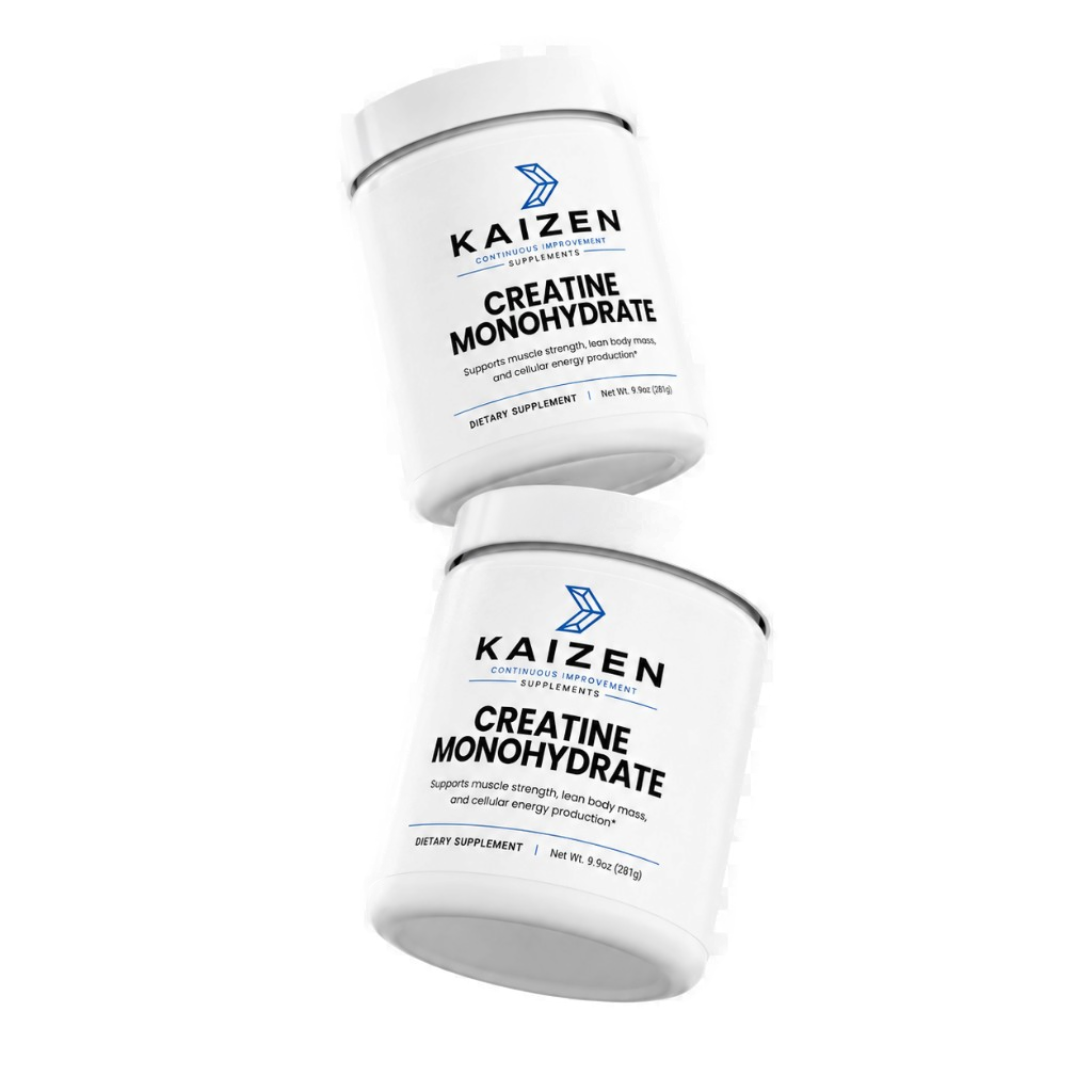 Kaizen Creatine Monohydrate — two tubs with a scoop of pure micronized powder